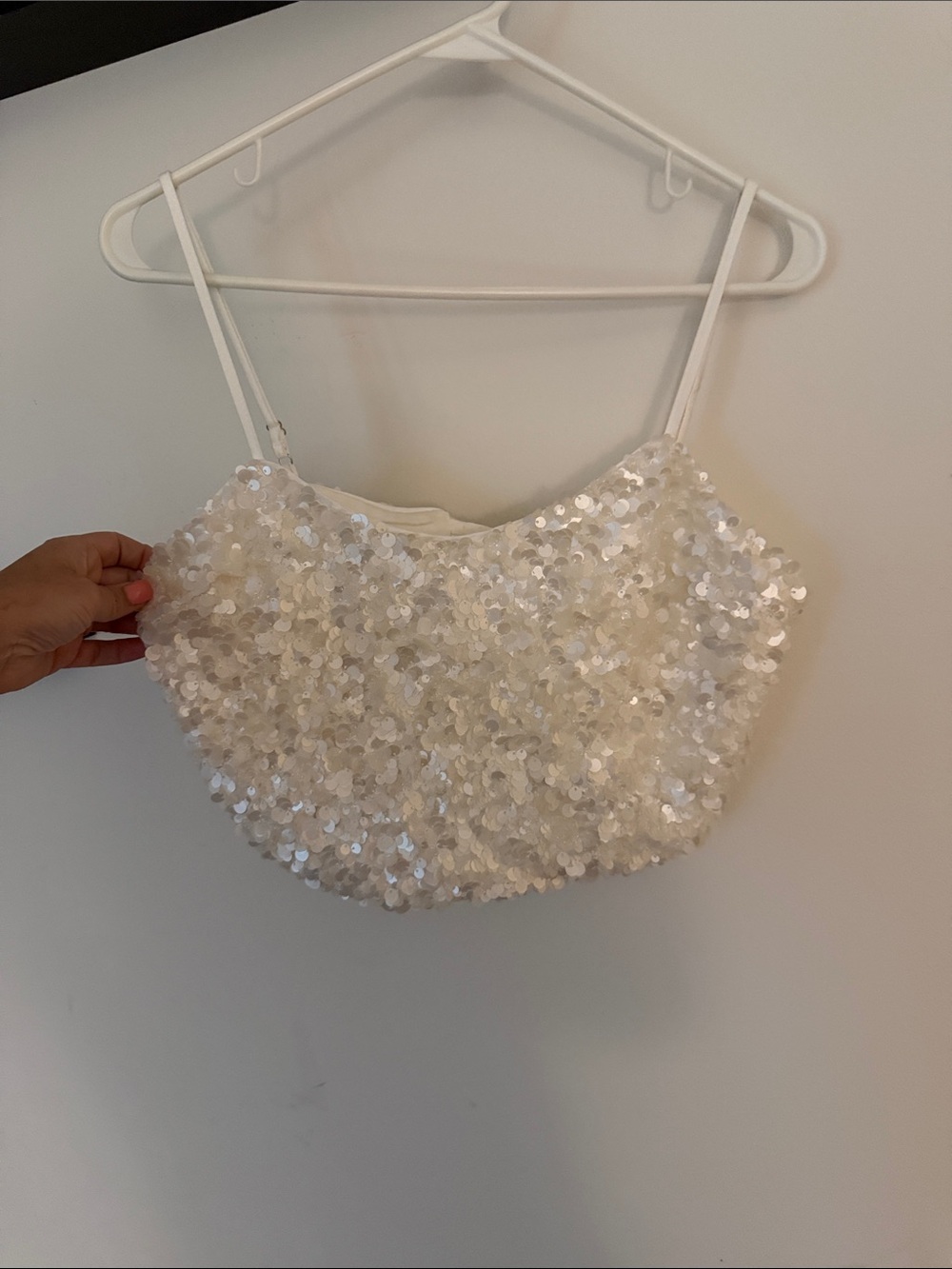 12th Tribe White Sequin Spaghetti Strap Crop Top